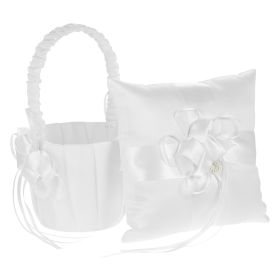 7 * 7 inches Ivory White Satin Flower Bowknot Ring Bearer Pillow and Wedding Flower Girl Basket Set