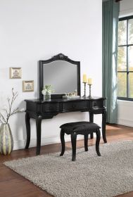 Contemporary Black Color Vanity Set w Stool Retro Style Drawers cabriole-tapered legs Mirror w floral crown molding Bedroom Furniture