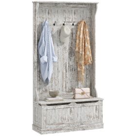 HOMCOM 3-In-1 Entryway Hall Tree with Storage Bench, Coat Rack with Five Hooks and Shoe Storage, Distressed White