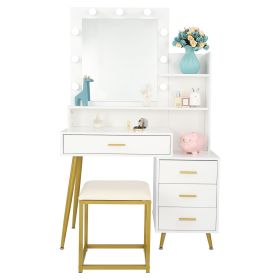 FCH Large Vanity Set with 9 LED Bulbs, Makeup Table with Cushioned Stool, 3 Storage Shelves 4 Drawers, Dressing Table Dresser Desk for Women, Girls