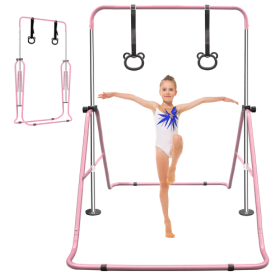 Functional Adjustable Height Children's Horizontal Gymnastic Bar With Bear Rings (Color: Pink)