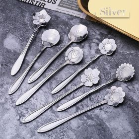 8Pcs Stainless Steel Flower Spoon Coffee Tea Spoon Cute Ice Cream Dessert Spoon Silver Christmas Gifts Kitchen Tableware Decor (Color: 8PCS Silver, Ships From: China)