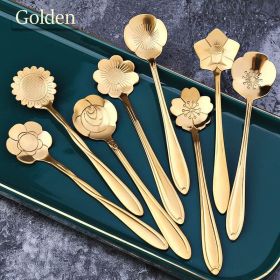 8Pcs Stainless Steel Flower Spoon Coffee Tea Spoon Cute Ice Cream Dessert Spoon Silver Christmas Gifts Kitchen Tableware Decor (Color: 8PCS Gold, Ships From: China)