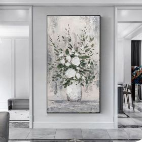 Handmade Oil Painting Abstract White Floral Vase Palette Knife Textured Oil Painting Modern Art On Canvas Grey Wall Art Foe Home Decor (Style: 01, size: 140x280cm)