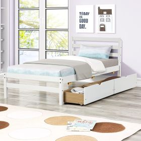 Betterhood Twin Platform Bed Frame with 2 Storage Drawers;  Wood Twin Bed Frames for Kids Toddler Girls Boys;  10 Slats Support;  No Box Spring Needed (Color: White)