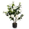 38 Inch Artificial Camellia Tree Faux Flower Plant in Cement Pot