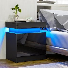 Modern Black LED Nightstand with Led Lights Bedside table with 2 High Gloss Drawers for Bedroom (Color: Black, Material: Particle Board)