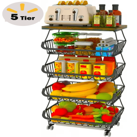 4/5/6 Tier Fruit Basket for Kitchen Organizers and Storage,with Solid Wood Top,Stackable Metal Wire Basket Stand Cart with Wheels for Fruit Vegetable (size: large)