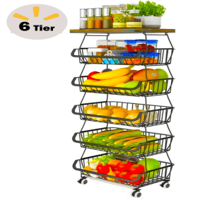 4/5/6 Tier Fruit Basket for Kitchen Organizers and Storage,with Solid Wood Top,Stackable Metal Wire Basket Stand Cart with Wheels for Fruit Vegetable (size: medium)