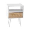 15.75" Rattan End table with drawer and solid wood legs, Modern nightstand, side table for living room, bedroom