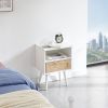 15.75" Rattan End table with drawer and solid wood legs, Modern nightstand, side table for living room, bedroom